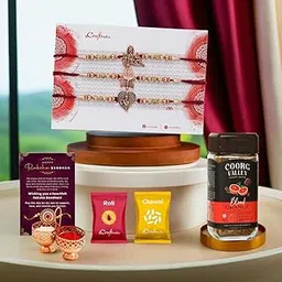 eCraftIndia Rakhi Gift Hamper | Set of 3 Trishul with Damru, Ganesha, Krishna Rakhi for Brother | Coorg Valley Blood Orange Flavoured Instant Coffee | Raksha Bandhan Greeting Card | Roli Chawal Pack-picture-27