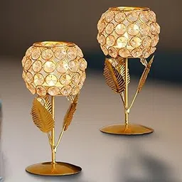 Crystals Rose Gold Polish Candle Holder for Decoration Set of Two 9 inches (Big Size), Metal (1 Box)-picture-48