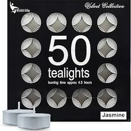 Kriti Life Jasmine Scented Tealight Candles 100% Paraffin Wax 4.5 Hours | Smokeless Dripless White Candles for Home Meditation - Set of 50-picture-28