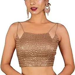 figure's designer Women's Spagehtti Neck Strap Sequin Embroidered Sleeveless Readymade Saree Blouse E22-picture-34