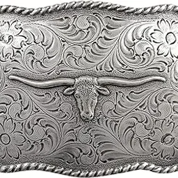 roger enterprises Longhorn Steer Head Western Rope Belt Buckle with Sterling Silver Finish Square buckle with silver longhorn AD-picture-15
