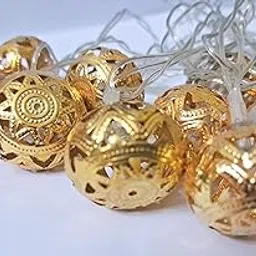 Decorative Metal Moroccan String Lights, 14 LED Gold Lantern Balls, Warm White-picture-35