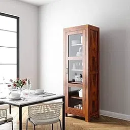 TGF Furniture Store Modern Glass Display Cabinet, Solid Wood Frame with Rustic Brown Finish, Tall Storage Showcase with Glass Doors for Living Room, Kitchen, or Dining Area-image-26