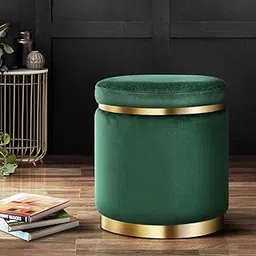 ETIQUETTE ART Velvet Round Dual Strip Ottoman Office Stool Foot Rest Stool Linen Fabric Padded Seat Pouf Ottoman with Round Shape for Living Room (Green)-picture-17
