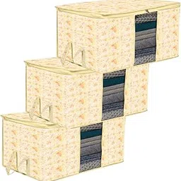 Kuber Industries Underbed Storage Bag | Clothes Storage Bag | Blanket Cover with Clear Window | Zipper Closure & Handle Cloth Organizer | Red Flower-Design | Large | Pack of 3 | Ivory-picture-15