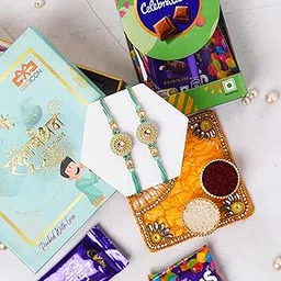Gifticon Rakhi for Brother with Chocolate Combo Gift Set - Designer Rakhi for Brother Bhaiya with Celebration 50 Chocolates Pack - Rakhi Set of 2 | IB-2R-CB50-GreenPendalSet-image-0