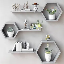 Wooden Hexagonal Shape Wall Hanging Rack Shelf Wall Shelf for Living Room Bedroom and Office Decoration (Grey)-picture-15