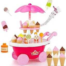 Niku Ice Cream Candy Trolley Cart Kitchen Set for Kids Girls | Pretend Play Set with Music and Lights Toys for Girls | Pink Colour | 30 Accessories-picture-48