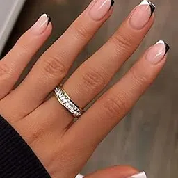 Set Of 14Pc, French Tip Press-On, Short Square Glossy Pink Base With Black and White Design, Nails Extension With Free Glue Kit-image-32