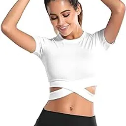 sannidhi Womens Short Sleeve Crop Tops Tummy Cross Short Sleeve Shirts Gym Workout Gym Workout Cropped Tank Tops for Yoga Fitness Running, L-picture-18