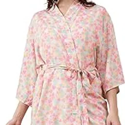 Women Floral Print Open Collar V-Neck Long Sleeve Tie-Up Detail Nightwear Shrug-image-57