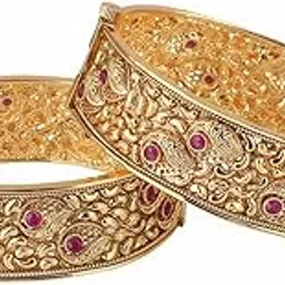 Women Gold-Plated Red Stone-Studded Temple Bangles-image-14