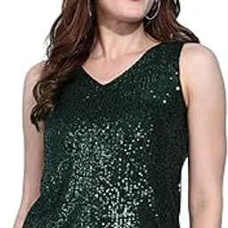 saffe Women's Casual Top Embellished Loose Fit Sleeveless_Bottel Green-picture-15