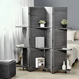 WoodQuest Craft Wooden Room Divider Partition-Foldable Wood Screen Divider for Office,Living Room, Bedroom, and Patti Design - Four Panels with Three Shelves (Grey)-image-55