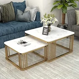 The Arts Box Handmade Square 20"x20" Set of 2 Coffee Table/Nesting Table/Side Table/Center Table with Marble Finish MDF White Top for Living Room/Drawing Room/Lounge Gold-picture-25