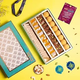 Dessert Drama Diwali Special Healthy Assorted Sweets Besan Laddoo, Kaju Katli, Moong Thal, and Doda Burfi Combo - 1 Kg with 2 Diya Traditional Indian Mithai-picture-12