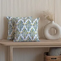 HOMEMONDE Throw Cushion Covers Premium Cotton Square Pillow Cover Printed Pillowcases Set Of 2 (Yellow Ikkat, 20 X 20 Inches), 120 TC-image-0
