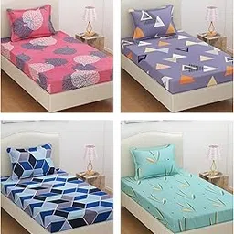 VAS COLLECTIONS® Prime Collection Combo Pack of 4 Single Bedsheets with 4 Pillow Covers|160 TC Soft Brushed Glace Cotton|Breathable & Wrinkle Free (225x152 cm)- Multicolor Grey & Blue Pink image 1