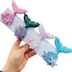 Samyak 4 Pieces Sequin Mermaid Seashell Style Hair Clip Headwear For Kids Cartoon Pattern Side Clip Hair Accessories, (Colors may vary as per availability)-picture-16