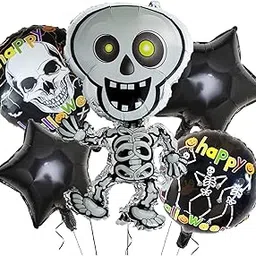 AMFIN (Pack of 5) Happy Halloween Party, Skeleton Ghost Foil Balloons - White, Black-image-0