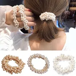 Pearl Hair Ties Scrunchies Elastics Ponytail Holder 3pcs Fashionable Hair Ropes Bracelet White Champagne Pink Hair Accessories for Women Girls Hair Decoration Wedding Party Supplies-picture-12