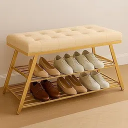 Ottoman Bench with Golden Metal Frame for Bedroom Entry Window, Bedroom Living Room, Upholstered Entry Shoe Storage on a Metal Bed End Bench with Nailhead Trim- (Beige)-picture-24