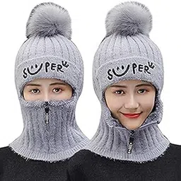 Monkey Cap for Women Winter Woolen Beanie Zipper Hat | Knitted Soft Plush Angora Wool Inside Fur Thick Windproof Face Cover Zip Hood Neck Warmer Skull Cap for Women & Girl's-image-32