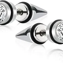Mens Jewellery Valentine Silver Black Bali Earing For Gents/Boys/Boyfriend Cubic Zirconia, Diamond Stainless Steel, Silver, Metal Stud Earring, Tunnel Earring Silver::Black 83-image-9
