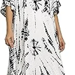 Women Summer Kaftan Holiday Loose Maxi Dress Handmade Beach Wear Tie Dye Sun Dresses (White & Black)-image-54