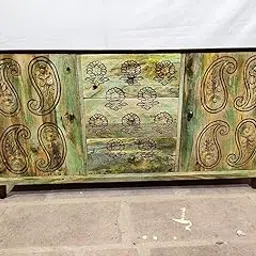 Vintage Wooden Sideboard Cabinet with Hand Carved Paisley and Floral Design, Green Distressed Finish, 4 Drawers Storage, Rustic Solid Wood Furniture for Living Room, Dining Room image 1