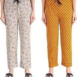 trendy world Cotton Pyjama Night Dress Lounge Wear Printed Pyjama for Women and Girls-Grey Mustard (Pack of 2)-picture-12