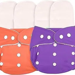 AEREX Premium Reusable Baby Cotton 2 Cloth Diapers For 0 to 3 Years With 4 Insert Pads | Leak Proof Washable Diapers For New Born Babies | Adjustable Pocket Cloth Diaper Nappies (Orange & Purple)-picture-14