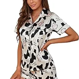 gorglitter Women's 2 Piece Stain Pajama Set Letter Cartoon Graphic Tee and Short Set Sleepwear image 1