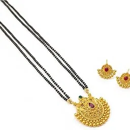 aaiku Traditional Maharashtrian Mangalsutra with Earrings | Gold Plated Black Bead Long Chain | Temple Design Bridal Jewelry for Women & Girls | Mangal Sutra for Women Stylish-picture-31