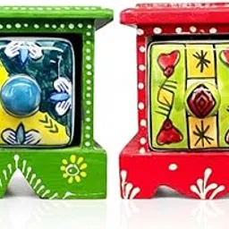 DIWAM HANDICRAFTS Hand Painted Mini Storage Drawer Set of 2 | Wooden & Ceramic Floral Design Small Desk Organizer | Red & Green Accent Decorative Rajasthani Box-picture-30