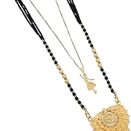 malkyn Women's Ethnic Gold-Plated Peacock Motif Mangalsutra and Delicate Ballerina Pendant Layered Necklace Set, Traditional Black Beaded Wedding Jewelry for Women-MD-090-picture-34