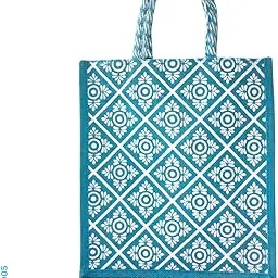 Inlightsky Jute Tote Bag with Diamond Floral Pattern, Turquoise and White, Braided Handle-picture-55