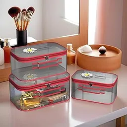 Kuber Industries Set of 3 Travel Storage Organizer | Transparent Adjustable Compartment | Cosmetic Bag with Handle | Toiletries Storage Kit | Travel Makeup Pouch | Sunflower-Design | Red-picture-17
