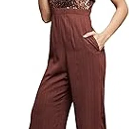 life with pockets Women's Neck Sleeveless Embellished Crepe Ruffled Regular Jumpsuit (LPSS25D92-02-250-06, Light Burgundy, XL)-picture-46