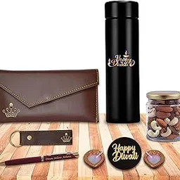 SAVRI Diwali Gift Hamper for Women – Leather Brown Clutch with Queen Charm, Black Stainless Steel Bottle, Engraved Pen, Leather Keychain, Dry Fruit Jar, Diyas & Wooden “Happy Diwali” Tag-picture-14