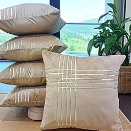 LOFEY Velvet Cushion Cover Set of 5 16x16 Inch | Lined Elegance Decorative Pillow Covers for Sofa, Bed, Living Room | Soft & Premium Cushion Cases for Home Décor (Gold)-picture-70