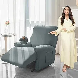 Hokipo 4-Pieces Super Stretch Recliner Chair Cover 1 Seater Fully Covered Washable Furniture Protector, Smokey Grey (New-4740-Sgry) - Polyester-picture-13