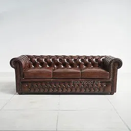 EPIC EVERGREEN ART - Chesterfield Sofa with Scrolled Arms Button Tufted Design Leatherette Upholstery Polished Legs Round Arm Sofa for Living Room, Bedroom, Hallways (Brown, 3 Seater)-image-4