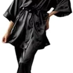 Women's Satin Belted Robe with Pajama Pants | Nightwear Set | Long Sleeve | Soft Silk Feel Loungewear | Chic Wrap set| Lightweight | Stylish-image-10