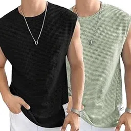 akar Men's Waffle Knit Tank Top, Round Neck, Sleeveless, Regular Fit, Polycotton Men's Vest Combo-picture-17