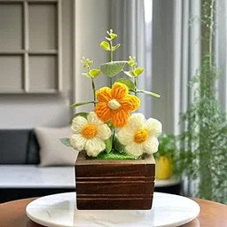 Akaar Decor's Handcrafted Crochet Flower Pot | Artificial Flowers for Home | Birthday | Anniversary | Housewarming Gifts | 100% Handmade Yarn Flower Décor (8 Inch, Wooden Base) (Cream-Yellow)-image-20