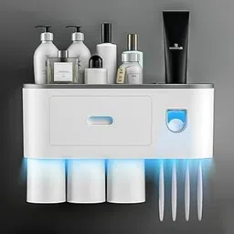 SKOFRI Toothbrush Holders for Bathrooms, 3 Cups Wall Mounted with Toothpaste Dispenser, Large Capacity Tray, Cosmetic Drawer and 4 Brush Slots with Cover Tooth Brush Holder Plastic, white-image-39