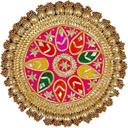 Handmade Gota Patti Work Plate, Table Decor & Base for Statue, Gods, Plant, Craftsmanship with Golden Moti Detailing, Gift for Diwali, Housewarming (Size 13 inches) (Design 2)-picture-10