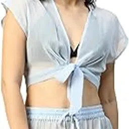 oxolloxo Women Solid V-Neck Short Sleeve Tie-Up Knot Detail Beachwear Crop Top-picture-33
