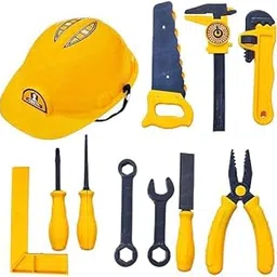 AK'S Venture Construction Tool Set Toy for Kids with Helmet, 11 Pieces Pretend Play Tool Kit for Boys & Girls Age 3-8 Years | Kids Engineer Role Play Set | Yellow Plastic Tool Kit for Toddlers-picture-37